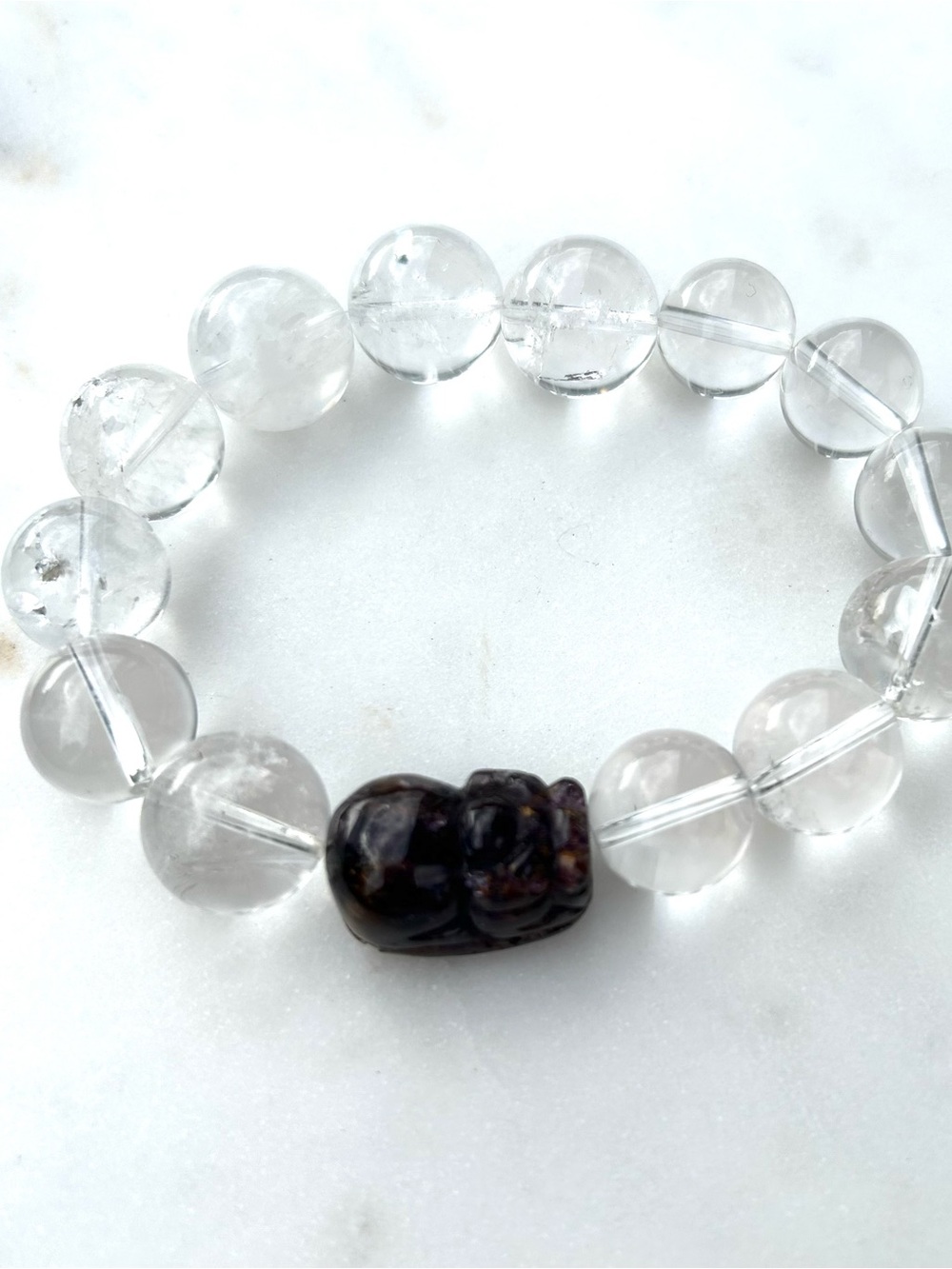 Clear Crystal Bead Stretch Bracelet with super seven Carved Accent